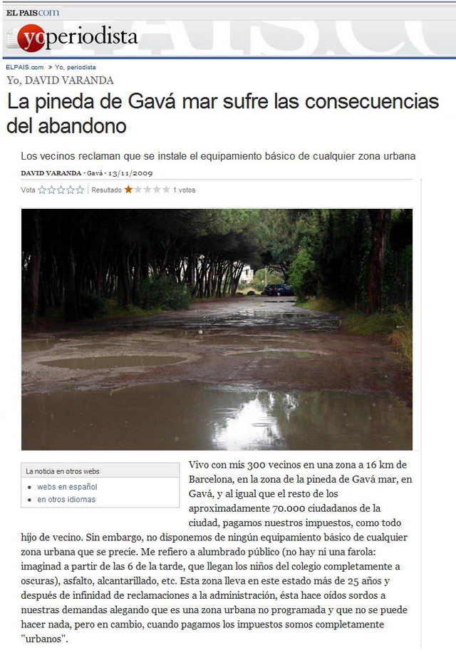 Fotoden�ncia publicada a la web del diari EL PA�S sobre l'estat lamentable dels carrers de la banda muntanya de Gav� Mar (13 de Novembre de 2009)